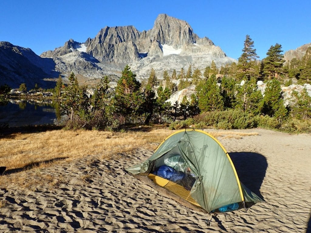 Double Rainbow tent at mountain campsite on John Muir Trail
