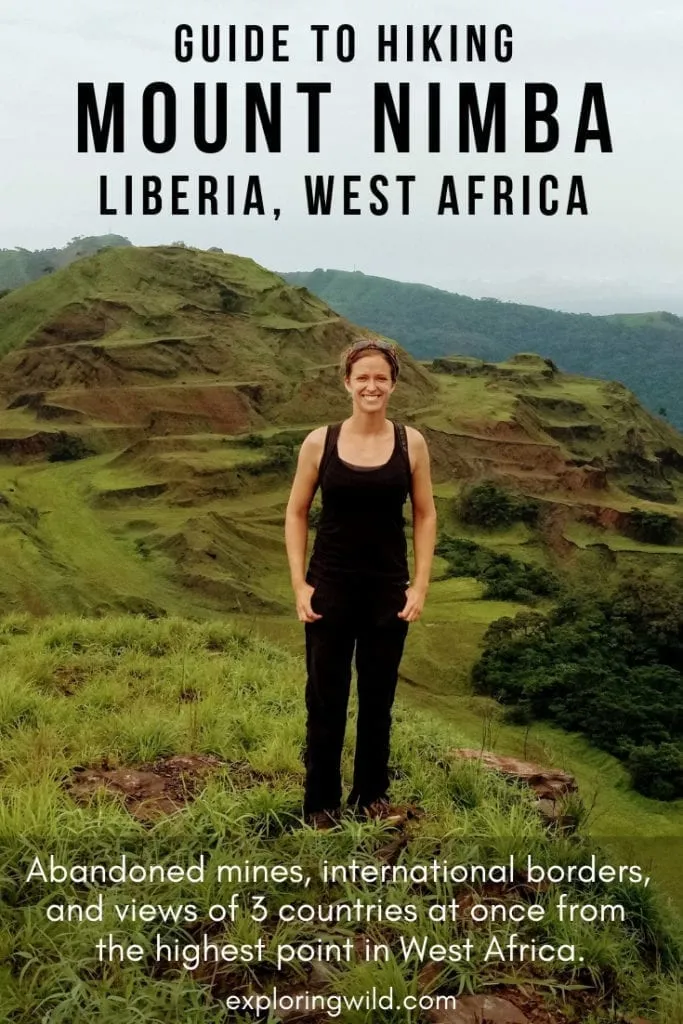 Female hiker on Mount Nimba, Liberia with text overlay: Guide to Hiking Mount Nimba, Liberia West Africa