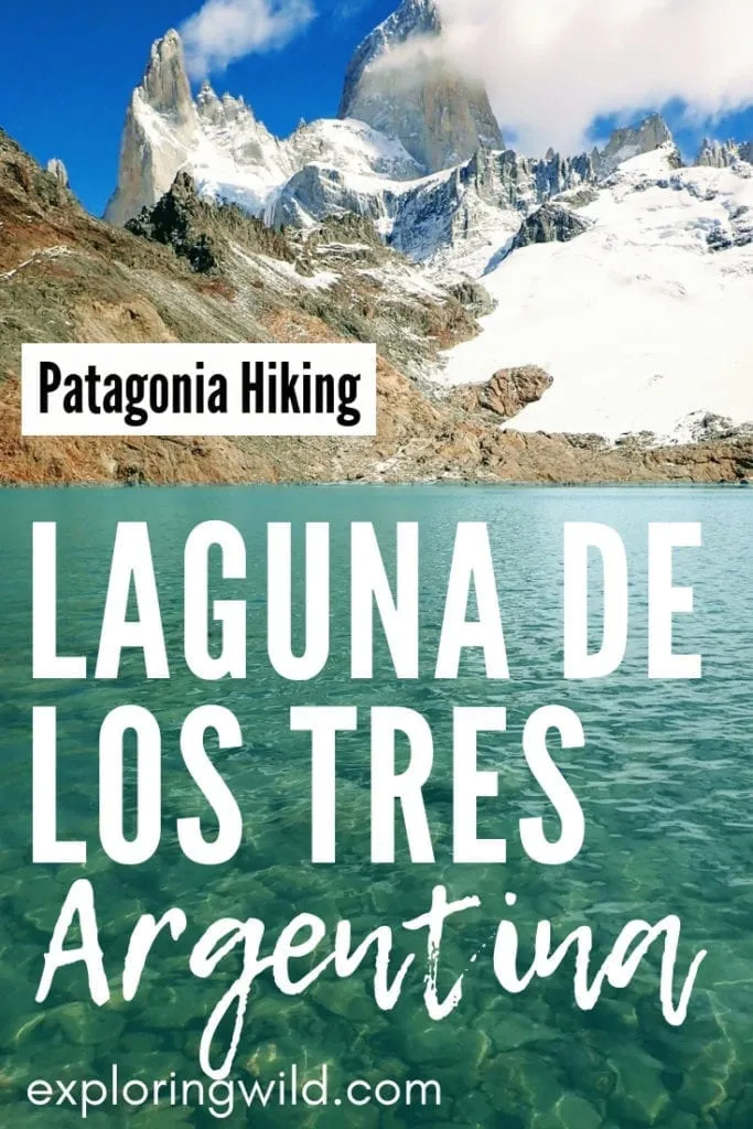 Picture of blue lake with Fitz Roy peak in background, with text overlay: Patagonia Hiking, Laguna de los Tres Argentina