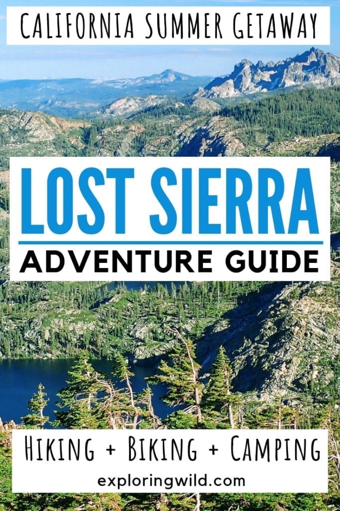Picture of granite mountain basin and alpine lakes with text overlay: California summer getaway. Lost Sierra Adventure Guide. Hiking, biking, camping.