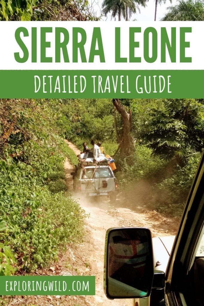 Bush taxi on rough dirt road through jungle, with text overlay: Sierra Leone Detailed Travel Guide