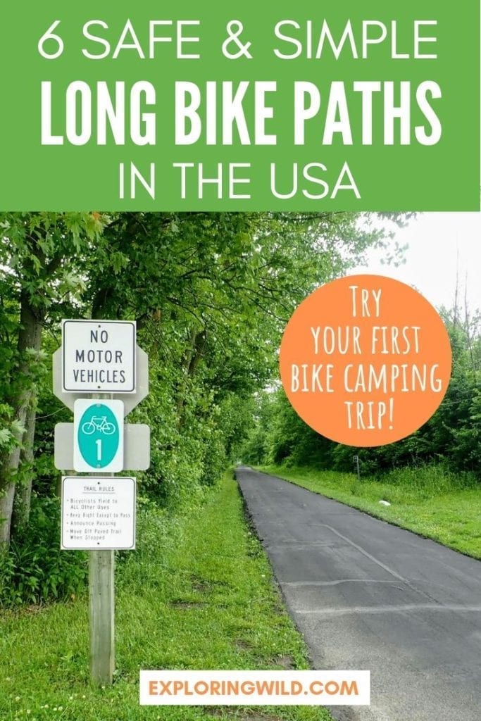 Paved bicycle path in Ohio with text overlay: 6 safe and simple long bike paths in the USA