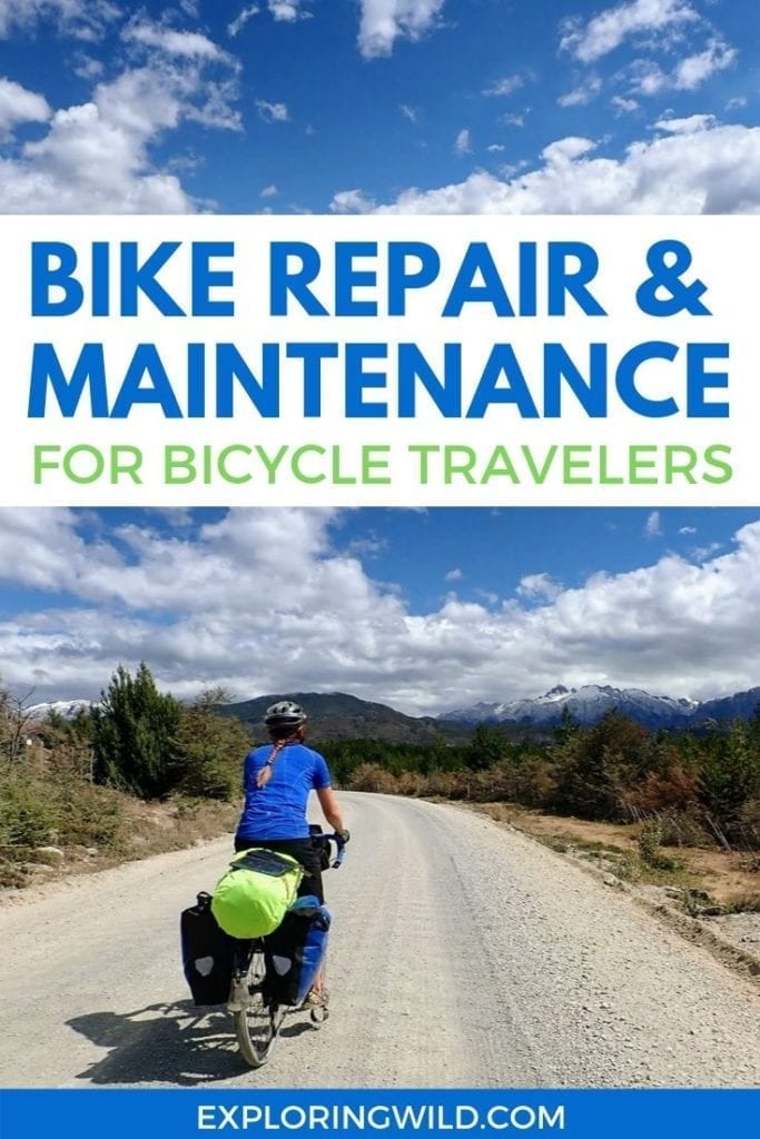 Picture of touring cyclist on gravel road with text: Bike repair and maintenance for bicycle travelers