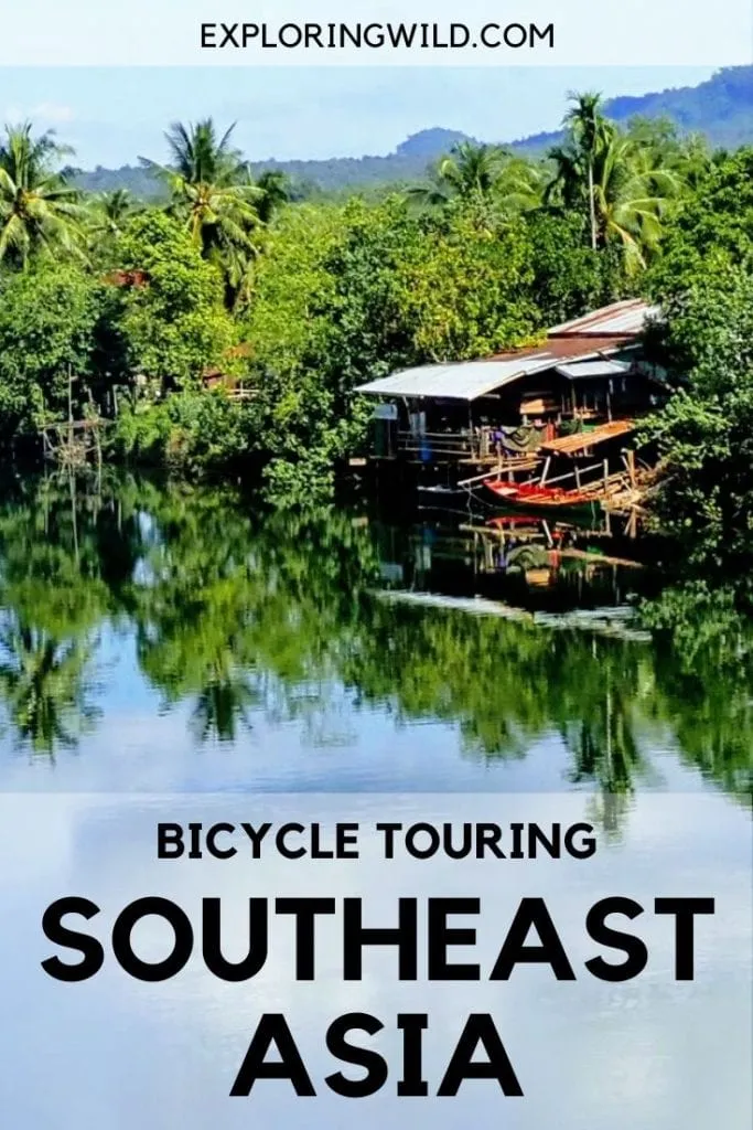 Picture of river in Cambodia, with text: Bicycle Touring Southeast Asia