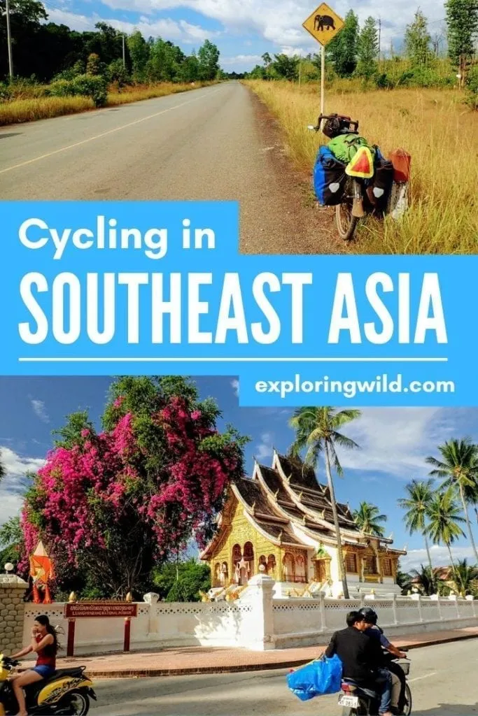 Pictures of bicycle on Cambodian road and temple in Laos, with text: Cycling in Southeast Asia