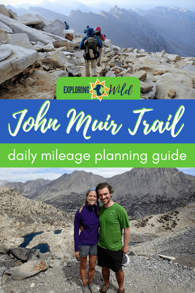 Pictures of hikers on the JMT with text: John Muir Trail daily mileage planning guide