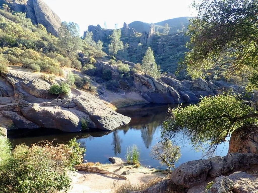Small reservoir in rocky area with green trees