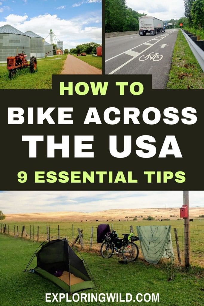 Pictures of roads and bike trails with text: How to bike across the USA: 9 essential tips