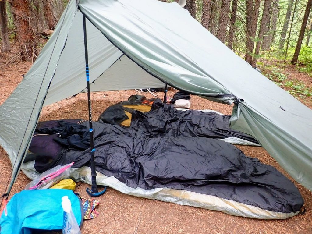 Two Borah bivvies beneath Haven tarp pitched with trekking poles at a forest campsite