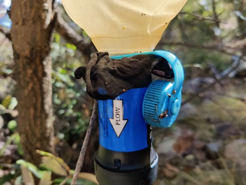 Sawyer water filter gravity setup with prefilter fabric