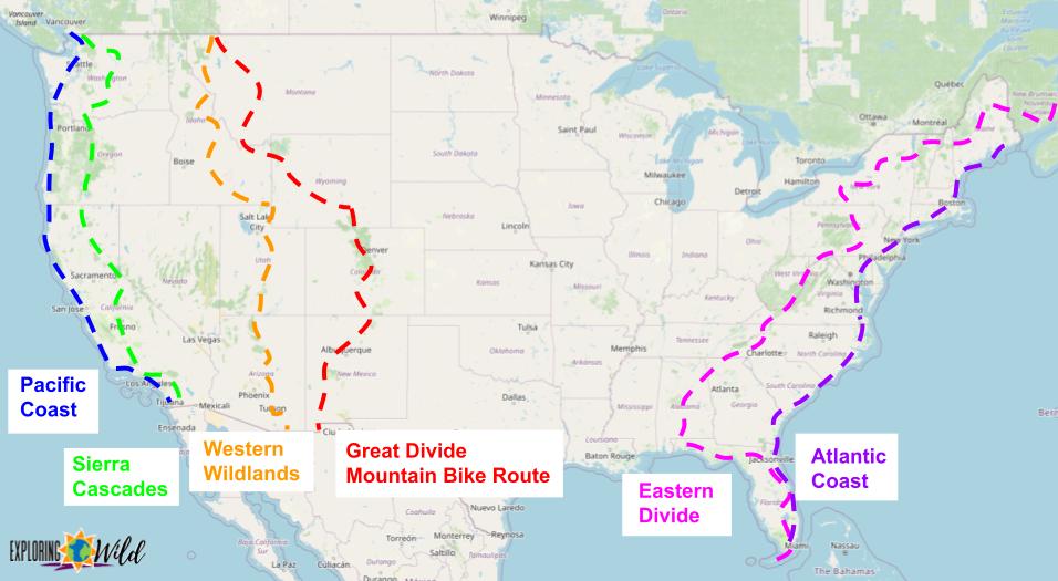 Map showing six north-south bike routes across the United States