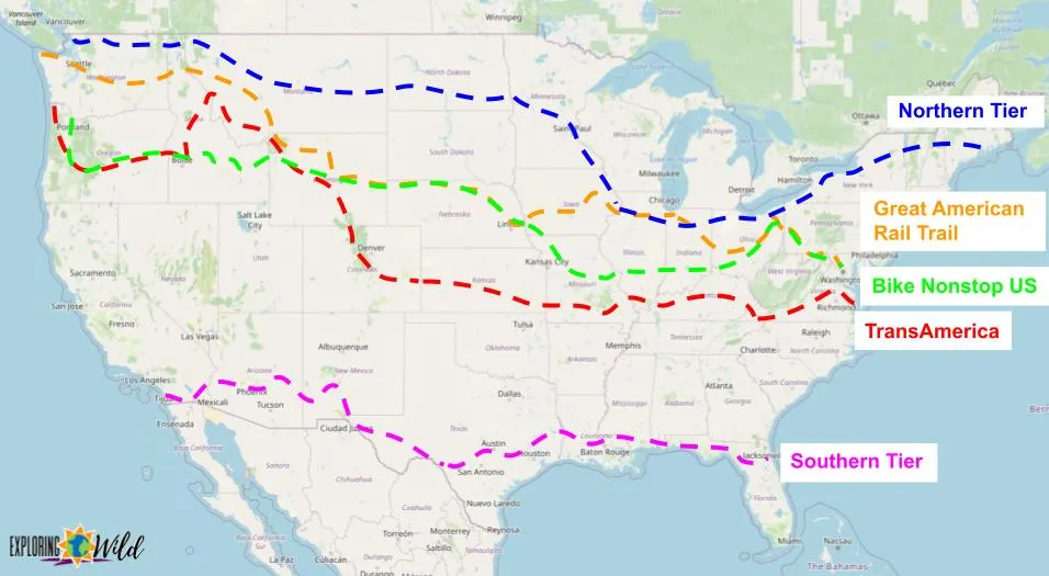 Map showing five east-west bicycle routes across America