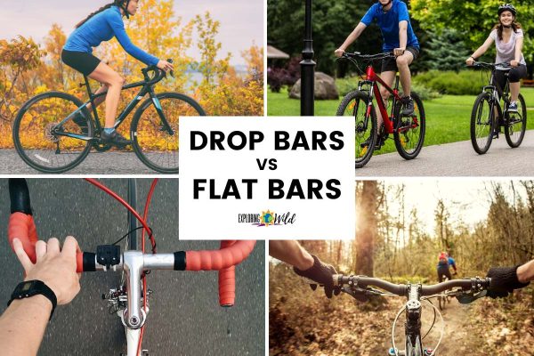 Flat bars vs drop bars - collage of four different cyclists, two with flat bar bikes and two with drop bar bikes